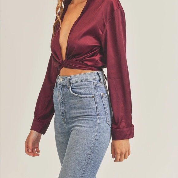 MABLE Jennifer SATIN Olive Tie-Front Blouse Medium - Picture 7 of 9